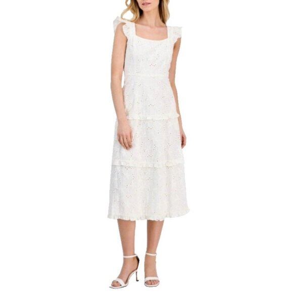 Anne Klein Midi Dress 14 Smocked Pearl White Eyelet Tiered Cotton Pockets NEW - Picture 1 of 14